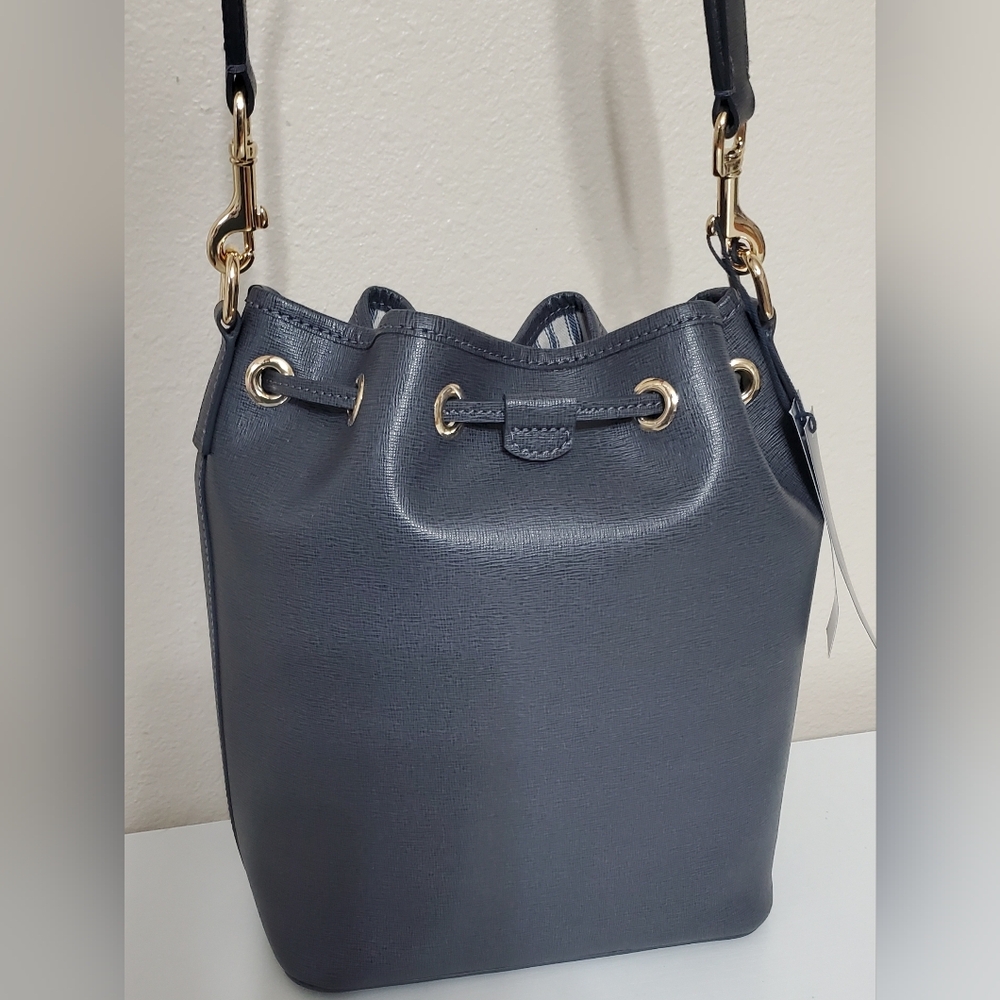 New Dooney & Bourke Dark Gray Saffiano Leather Drawstring Bucket Bag - Picture 7 of 11